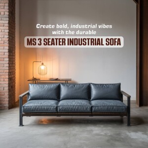 Grey leather industrial style sofa with metal frame