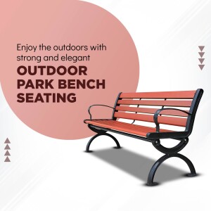 A red and black outdoor park bench with a peach-colored background.