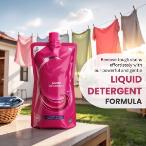 Pink pouch of liquid detergent with clothesline in the background