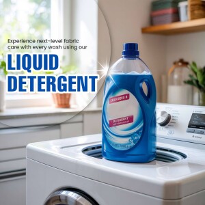 A large bottle of Liquid Detergent placed on top of a washing machine in a home setting.