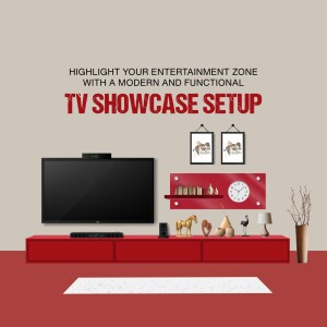 A modern living room with a TV showcase and red accent furniture.