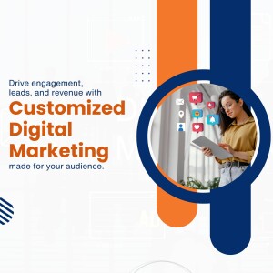 Woman using tablet with digital marketing icons