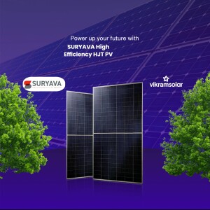 Suryava solar panels with green foliage, promoting sustainable energy.