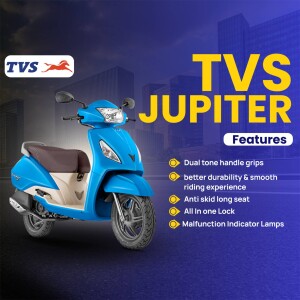 Blue TVS Jupiter scooter with feature highlights