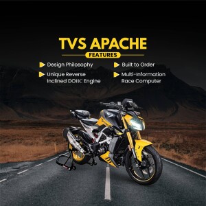 Yellow and grey TVS Apache motorcycle on a road with features listed