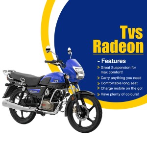 Blue TVS Radeon motorcycle with key features highlighted