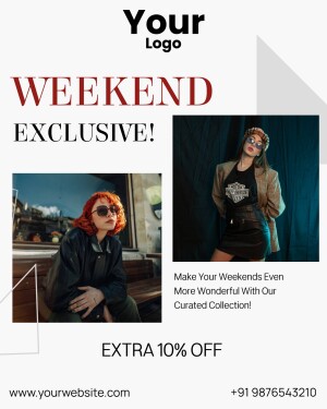 Fashion advertisement featuring models in stylish outfits promoting a weekend exclusive sale.