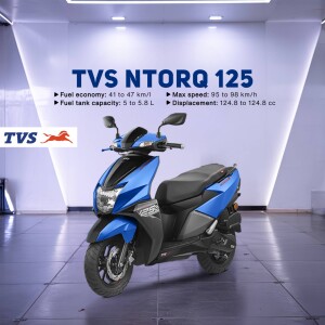 Blue TVS Ntorq 125 scooter with specifications displayed