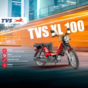 TVS XL 100 moped advertisement with technical specifications