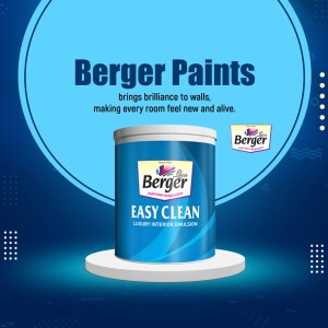 Berger Paints Easy Clean paint can on a pedestal with a blue background.