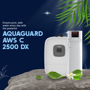 Aquaguard AWS C 2500 DX water purifier on a rock with green foliage