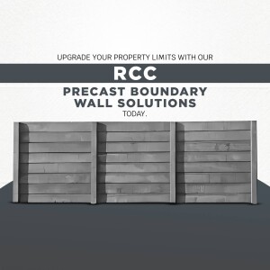 Gray precast concrete boundary wall with text overlay promoting RCC solutions.