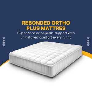 Image of a white Rebonded Ortho Plus mattress on a blue and yellow background.