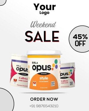 Birla Opus paint cans with a 45% off weekend sale promotion.