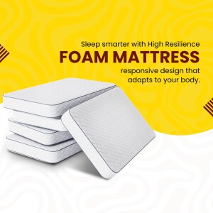 Stack of white foam mattresses with text overlay promoting sleep and responsiveness.
