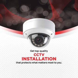 White dome security camera with text promoting CCTV installation services.