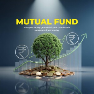 Image depicting mutual fund growth with a tree growing from coins and an upward trend.