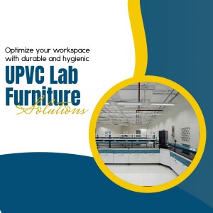 UPVC Lab Furniture advertisement showcasing a modern laboratory setup.