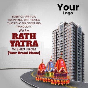 Rath Yatra festival greeting with temple chariot and city skyline