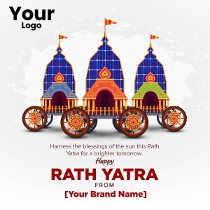 Illustration of three Rath Yatra chariots with flags and decorative elements.