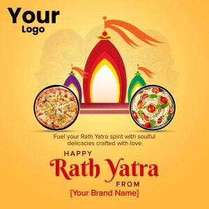Rath Yatra celebration with food offerings of pizza and pasta.