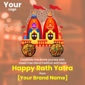 Illustration of Rath Yatra chariots with festive decorations and food offerings.