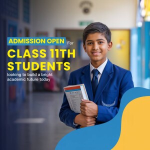 A student in uniform holding books with an admission open banner.