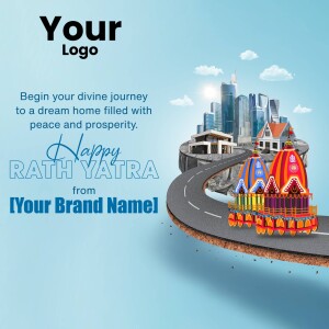 Rath Yatra festival greeting with a cityscape and temple illustration.