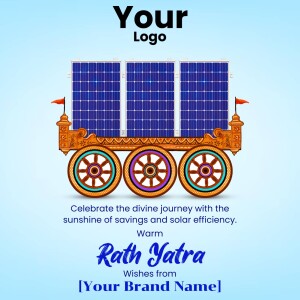 Illustration of a chariot powered by solar panels with text 'Rath Yatra Wishes'.