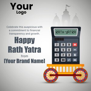 Rath Yatra greeting with a calculator and chariot illustration.