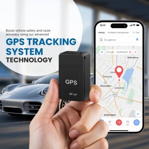 Hand holding a GPS tracker with a smartphone displaying a map