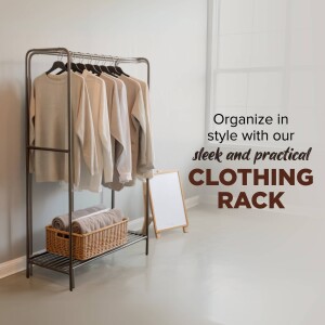 A modern clothing rack with folded clothes and a basket, promoting organization.