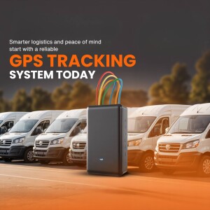 GPS tracking device with fleet of vans in the background