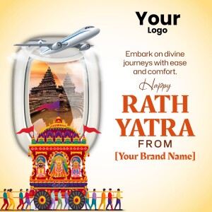 Rath Yatra travel promotion with an airplane and temple illustration.