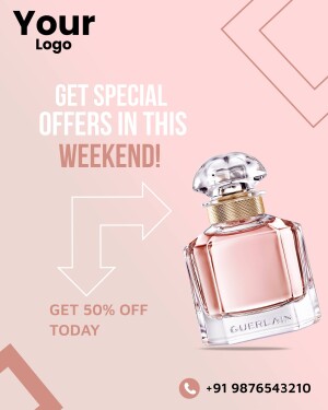 Guerlain perfume bottle with a special weekend offer promotion.