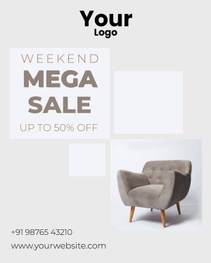 Weekend Mega Sale advertisement featuring a stylish armchair and discount offer.