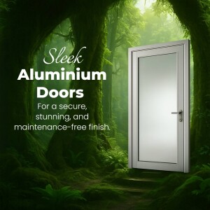 White aluminium door set against a lush green forest background with text promoting its features.
