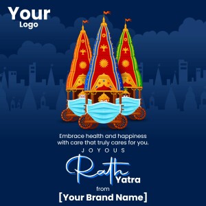 Illustration of Rath Yatra chariots with face masks, promoting health and happiness.