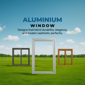 Aluminum windows in various colors against a green field and blue sky