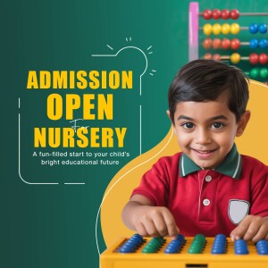 A young boy playing with colorful blocks with text 'Admission Open for Nursery'