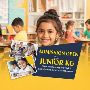 A smiling young girl in a classroom with an admission advertisement for Junior KG.