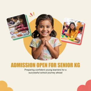 Smiling young girl with images of children learning in the background, promoting Senior KG admissions.