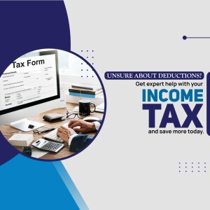 Image depicting a person working on income tax with a laptop and tax forms, promoting expert help for deductions.