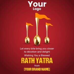 Rath Yatra festive graphic with golden spoons and flags