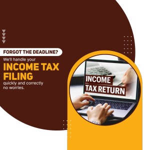 Image depicting income tax filing with a laptop and text 'We'll handle your Income Tax Filing'