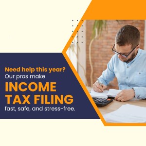 Man working on taxes with text promoting income tax filing services.