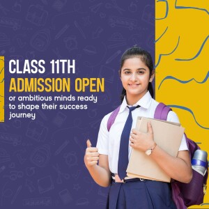 A young female student with a backpack and books, promoting Class 11th admissions.