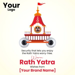 Illustration of a Rath Yatra chariot with text wishing a happy Rath Yatra.