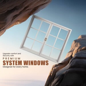 Image of a window seemingly floating in the sky above rocky terrain, advertising premium system windows.