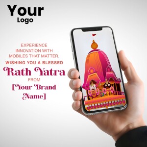 Hand holding a smartphone displaying a Rath Yatra image.